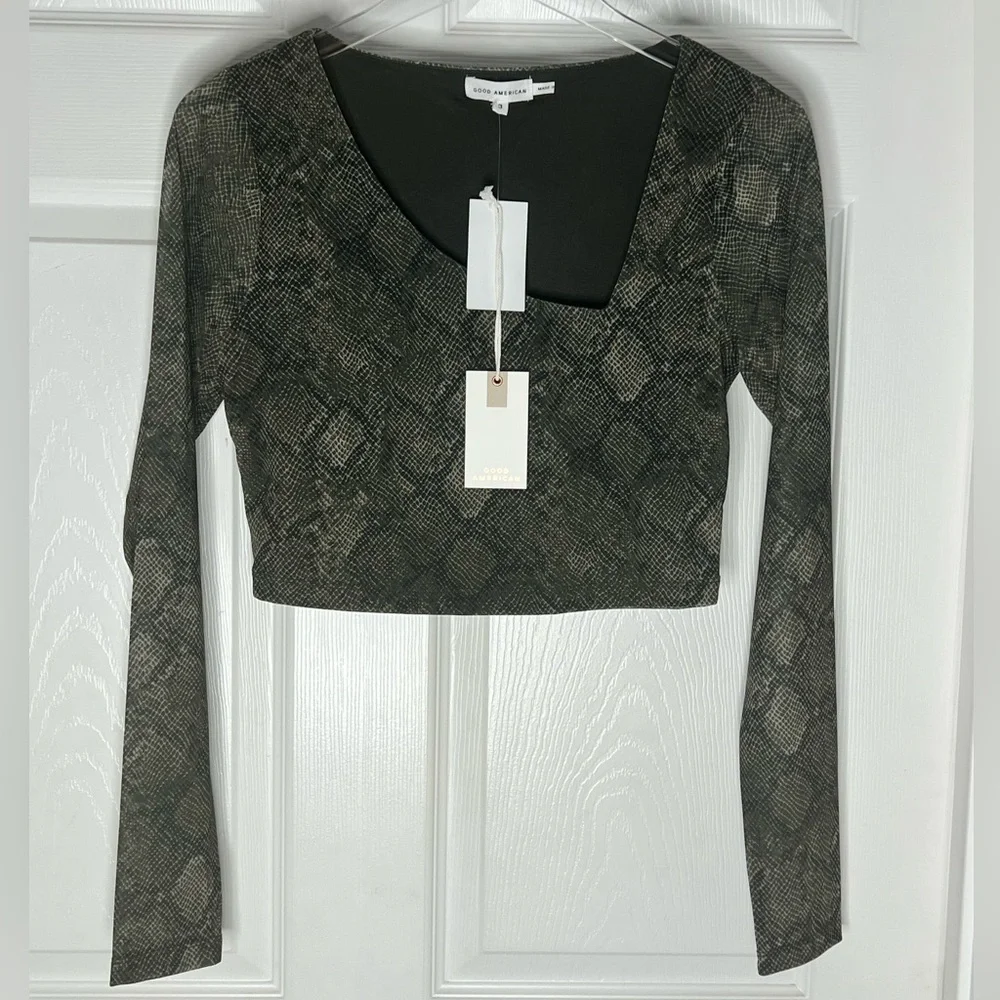 NWT Good American Asymmetrical Mesh Snake Top Sz 3
